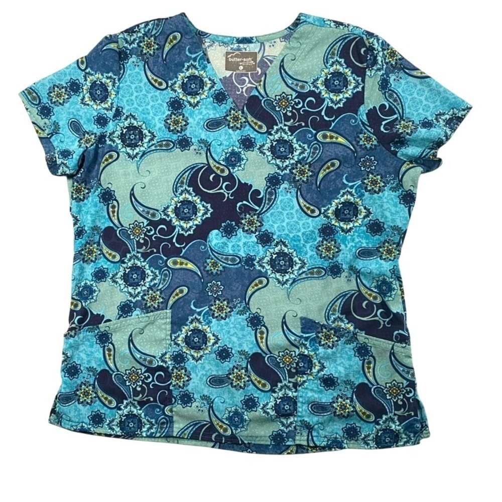 Butter-Soft Stretch Scrub Top Womens L Blue Teal Paisley V-Neck Medical Pockets